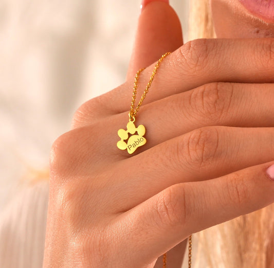 14K Gold Paw Print Name Necklace, Personalized Tiny Dog Paw Necklace, Minimalist Paw Necklace, Animal Necklace, Pet Necklace, Christmas Gift