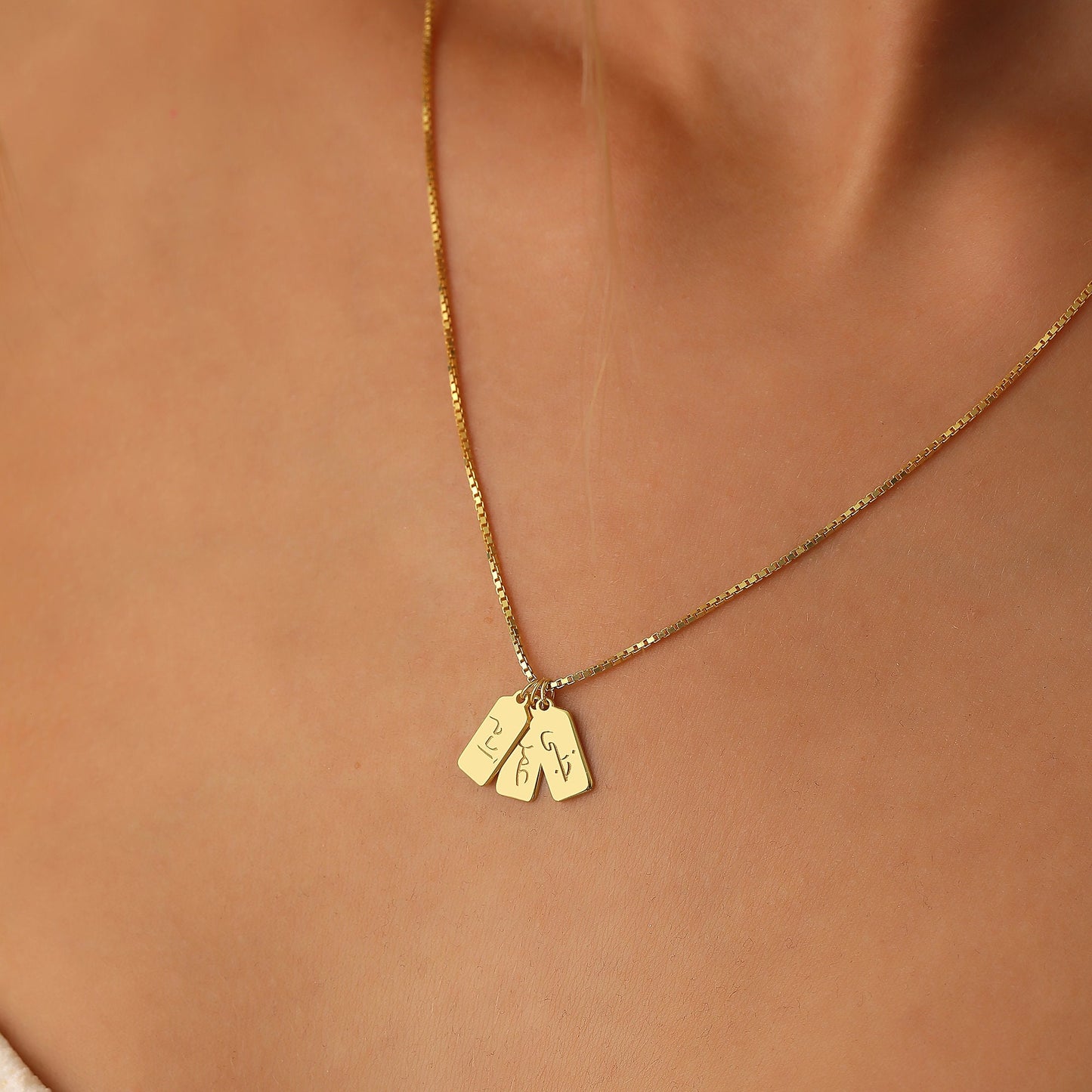 14K Gold Arabic Dainty Initial Tag Necklace by Caitlyn Minimalist • Custom Engraved Letter Pendant Necklace in Box Chain • Bridesmaid Gifts