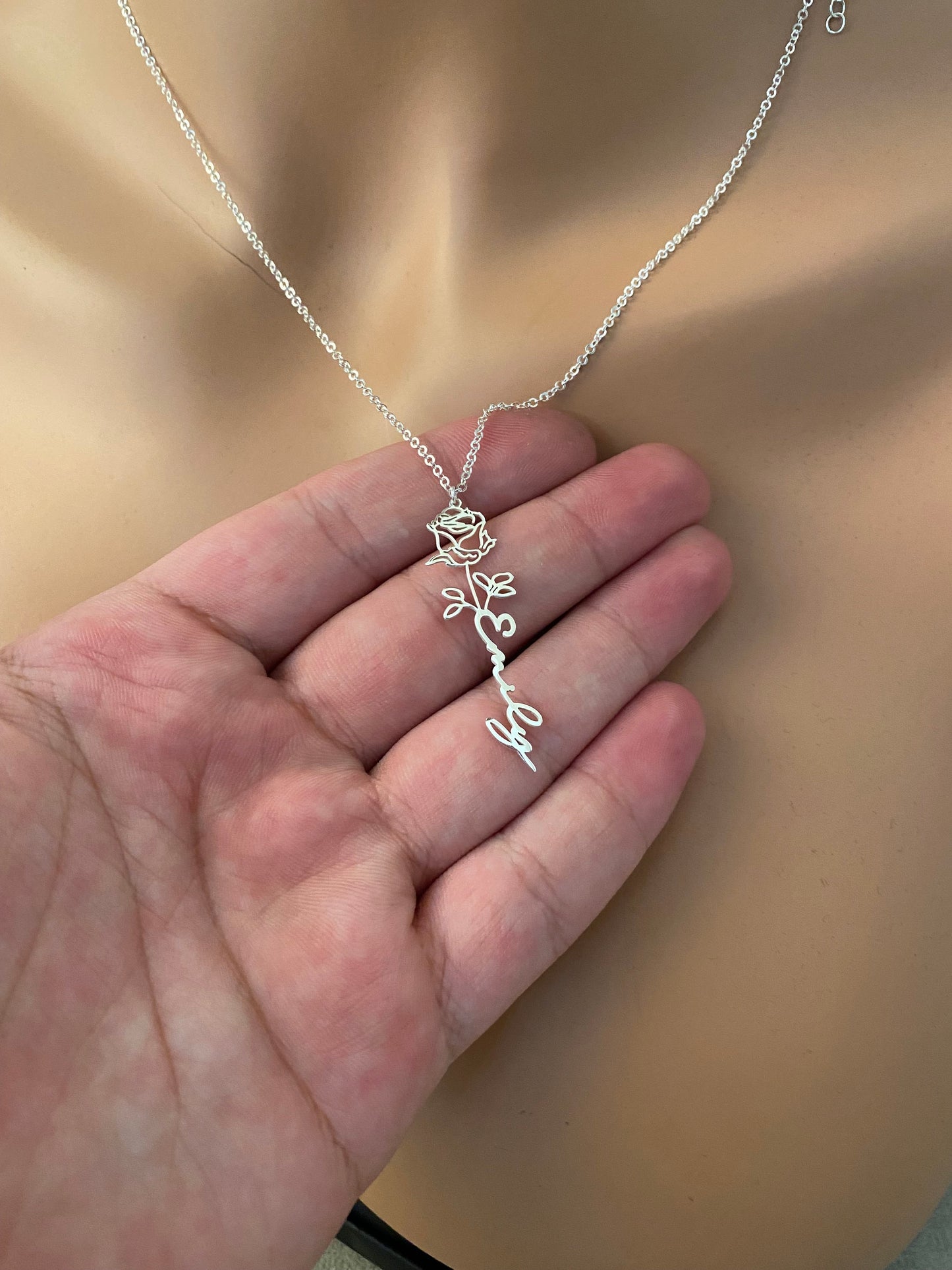 Name Necklace with Birth Flower, 18K Gold, Rose, 925K sterling Silver, Personalized Gift, Mother Gift, Gold Name Necklace, Gift for Her, HER