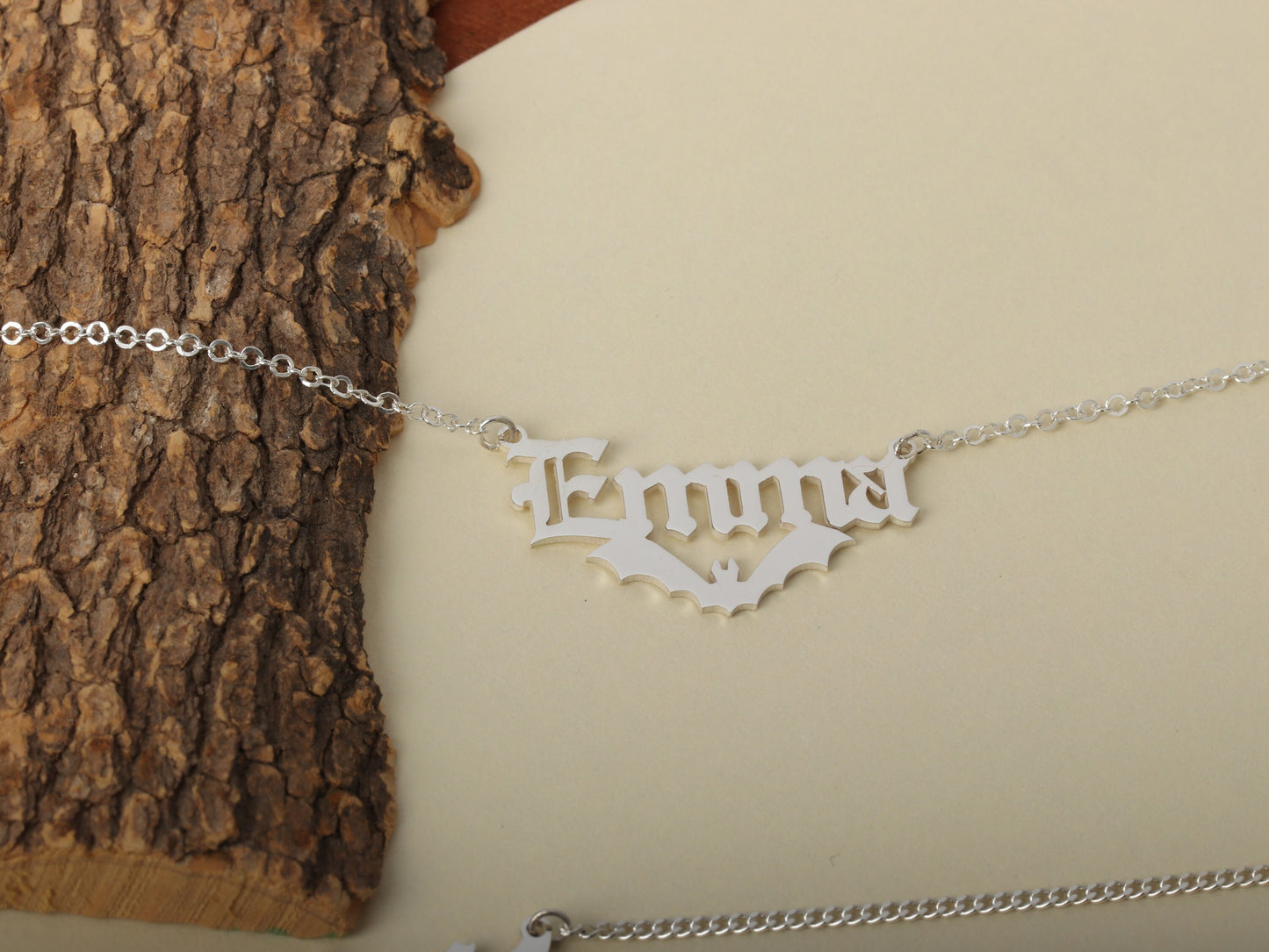 Silver Bat Name Necklace Halloween Gift , Name Pendant With Bat , halloween jewelry