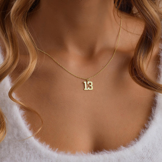 14K Gold Personalized Number Necklace, Custom Number Year Date Pendant Necklace, Lucky Number Jewelry, Customized Necklace with Number