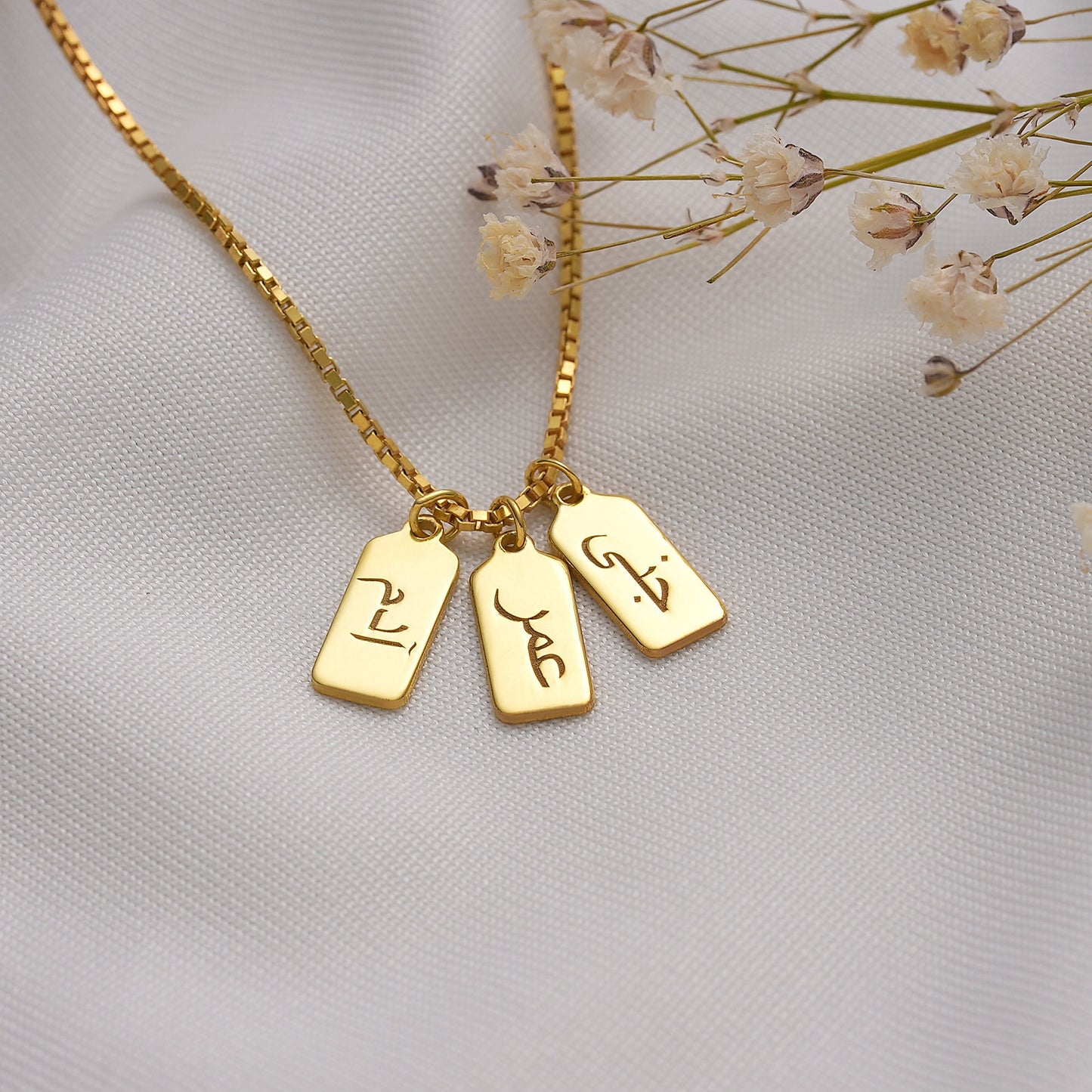 14K Gold Arabic Dainty Initial Tag Necklace by Caitlyn Minimalist • Custom Engraved Letter Pendant Necklace in Box Chain • Bridesmaid Gifts
