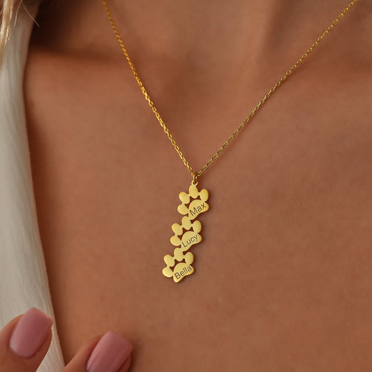 14K Gold Engraved Paw Print Necklace, Custom Gold Charm Necklace, Unique Pet Keepsake Pet Memorial Necklace, Name Necklace for Multiple Pets