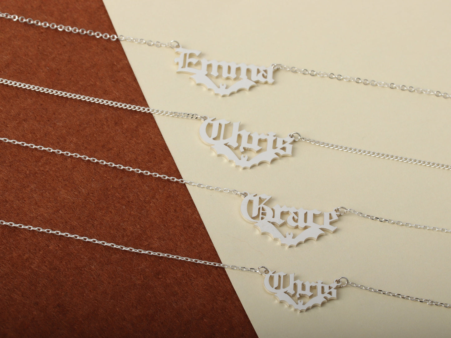 Silver Bat Name Necklace Halloween Gift , Name Pendant With Bat , halloween jewelry