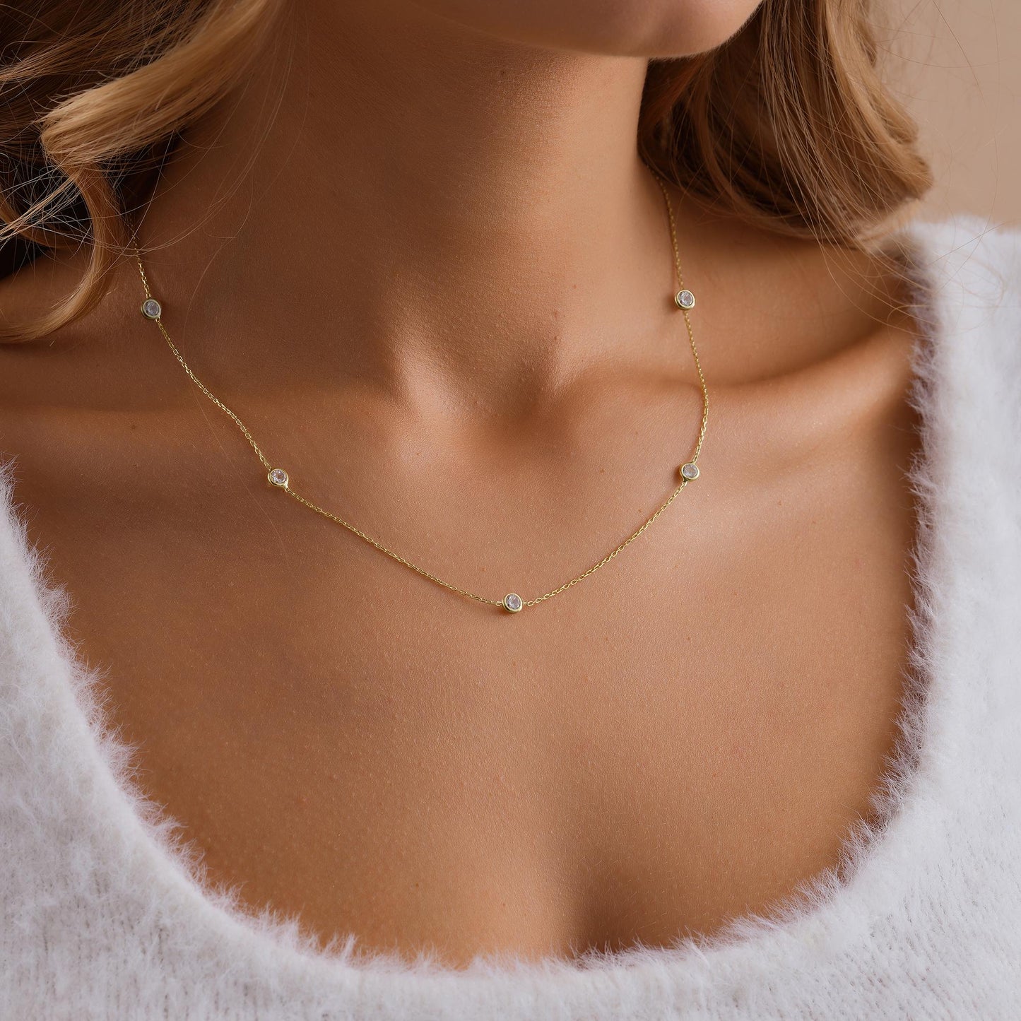 14K Gold Diamond Necklace , Cubic Zirconia Necklace , Station Necklace , Gold Diamond Necklace , Moissanite Necklace , Diamond Chain , Gift