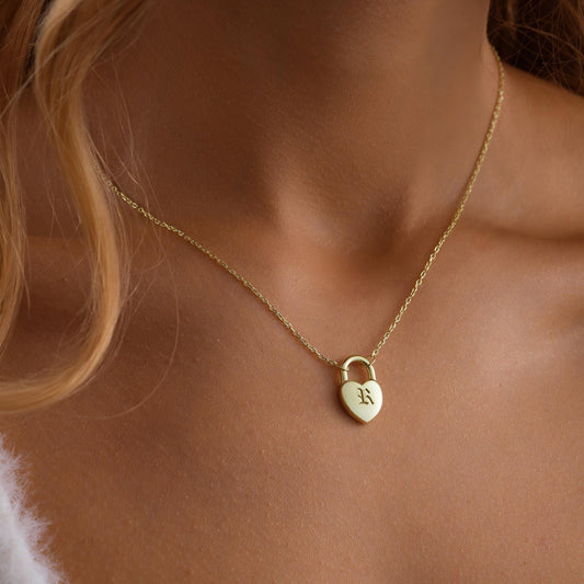 14K Gold Custom Initial Padlock Necklace ,Initial Jewelry with Gold Heart Lock ,Personalized Anniversary Christmas Gift , Multiple Initials