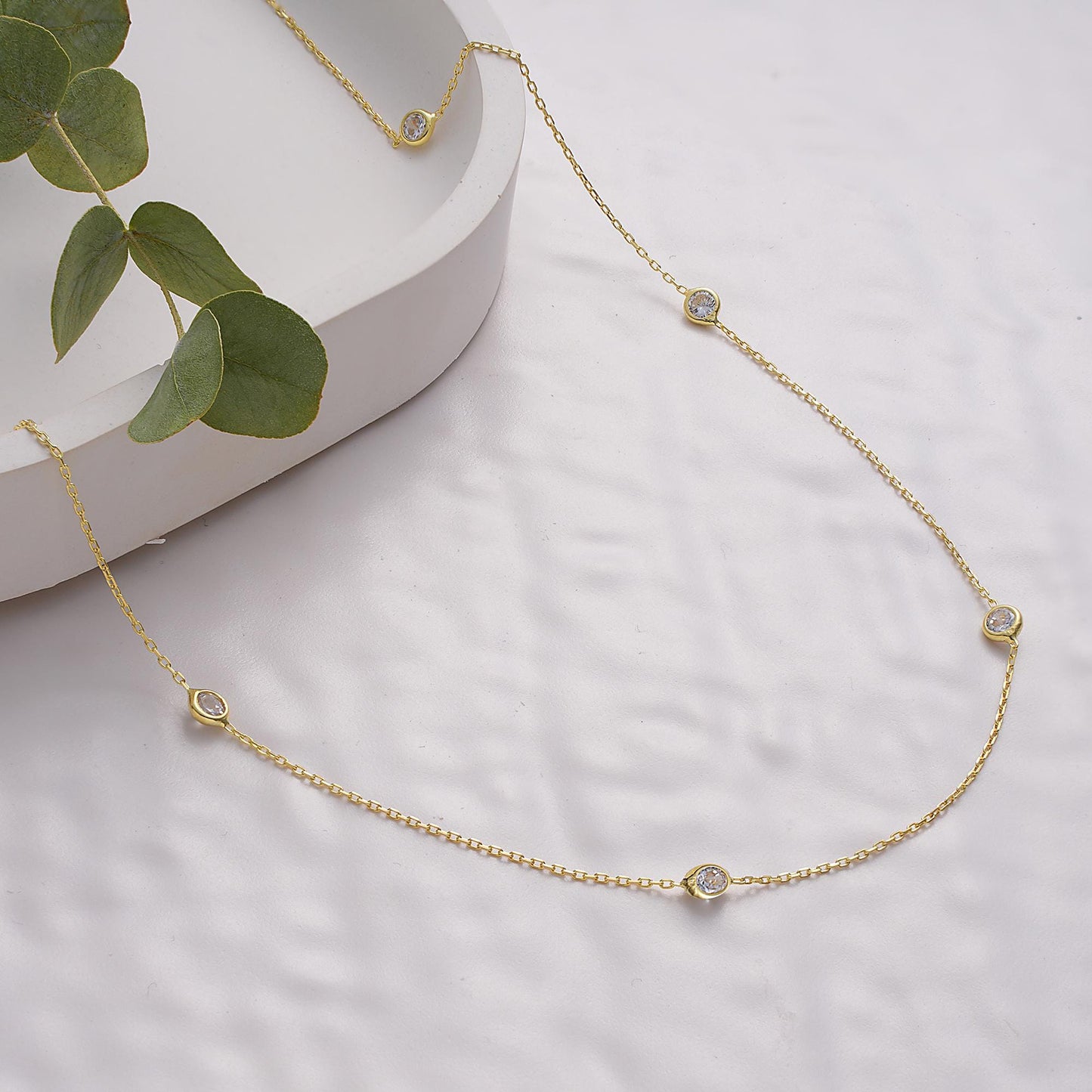 14K Gold Diamond Chain Necklace , Gold Diamond Station Necklace , Dainty Necklace , Gift for Her , Best Gift for Mom , Mothers Day Gift