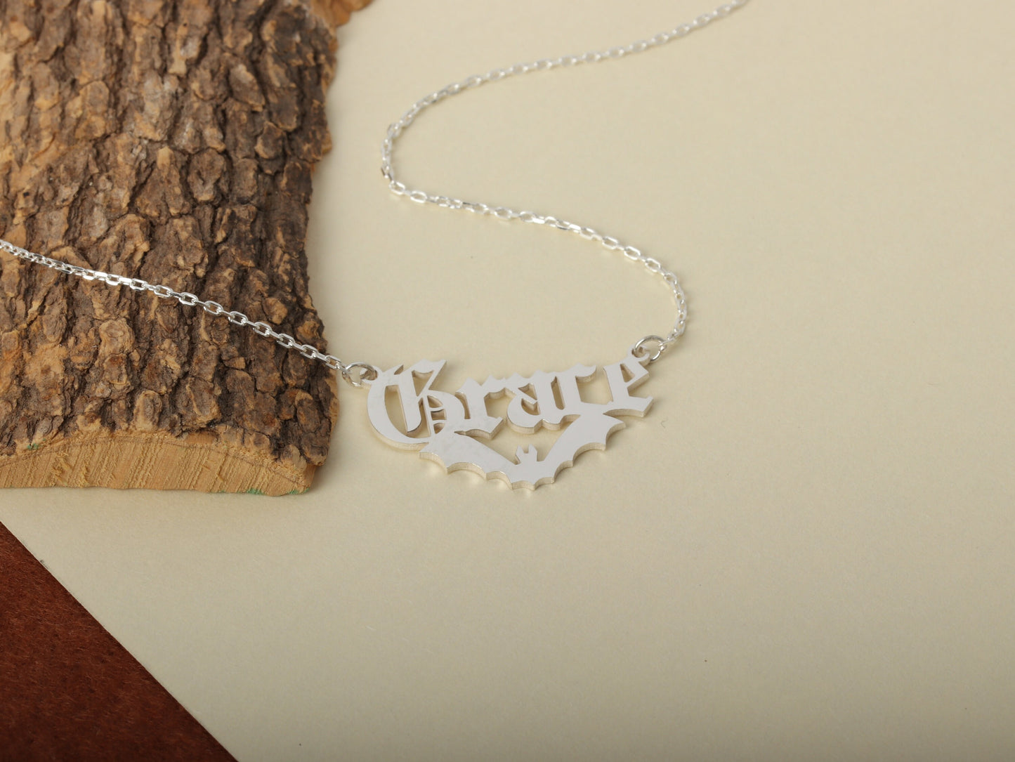 Silver Bat Name Necklace Halloween Gift , Name Pendant With Bat , halloween jewelry