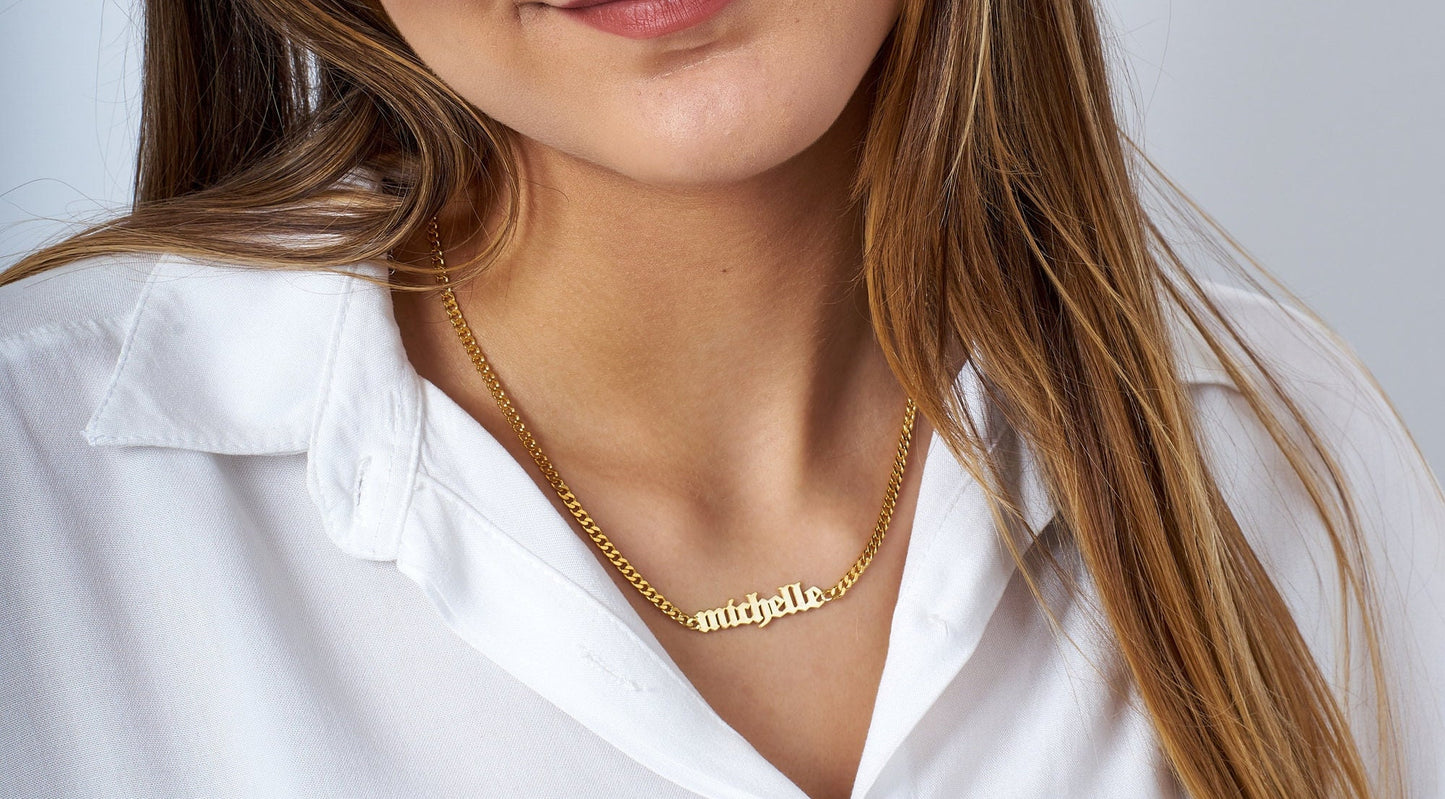 Old English Name Necklace,Curb Chain Name Necklace,Necklace with Name Old English
