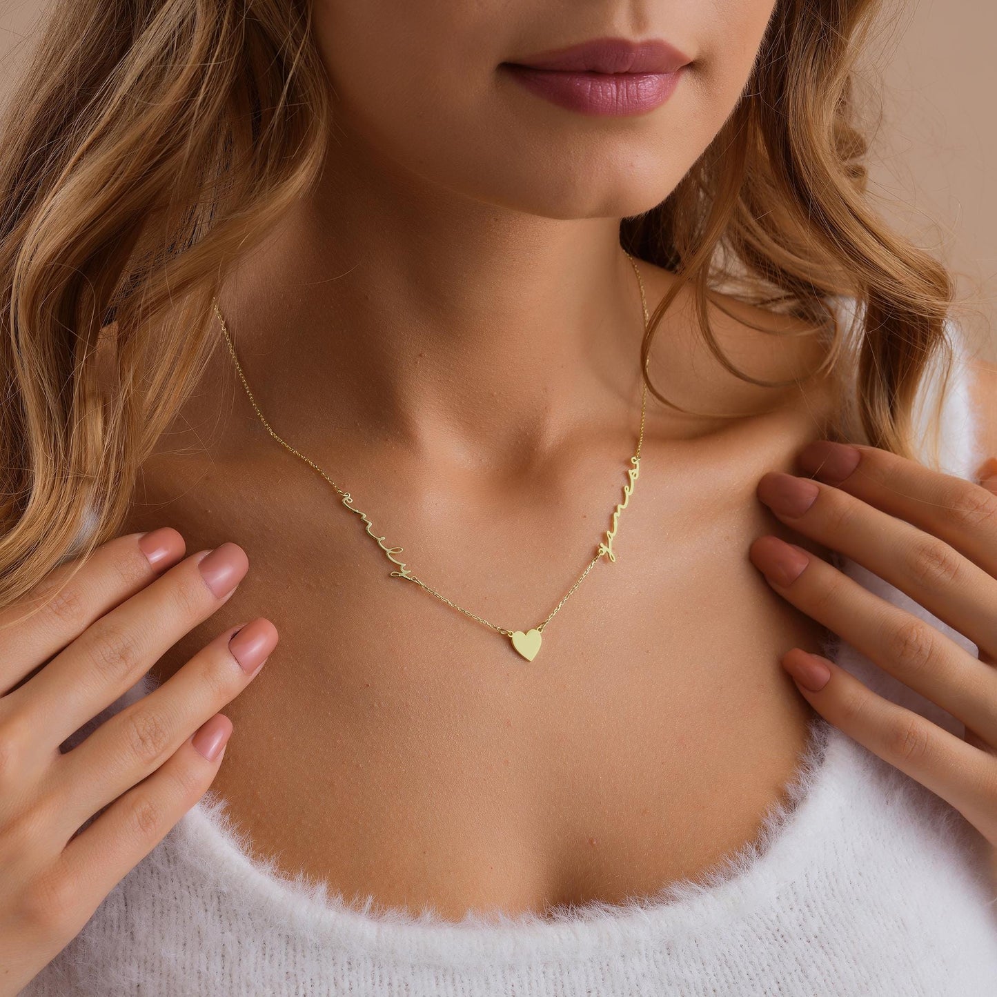 14K Gold 2 Names Necklace with Heart, Personalized Couple Names Necklace, Name Necklace Gift for Mom, Two Name Necklace, Gift for Wife