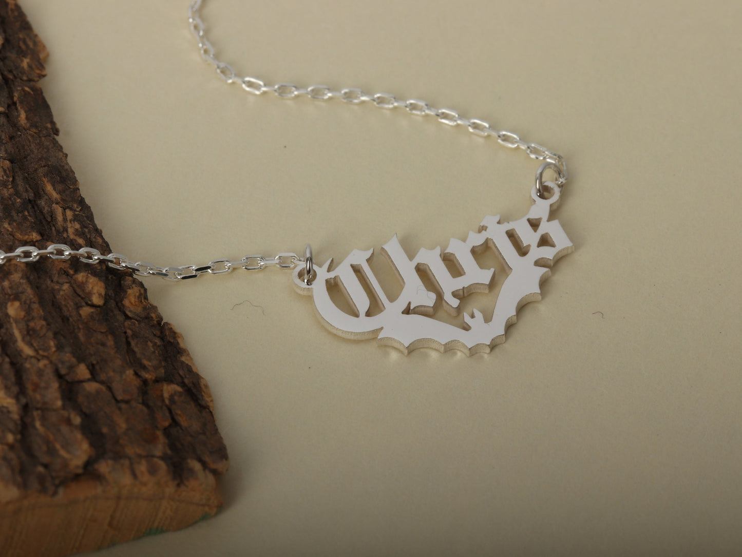 Silver Bat Name Necklace Halloween Gift , Name Pendant With Bat , halloween jewelry