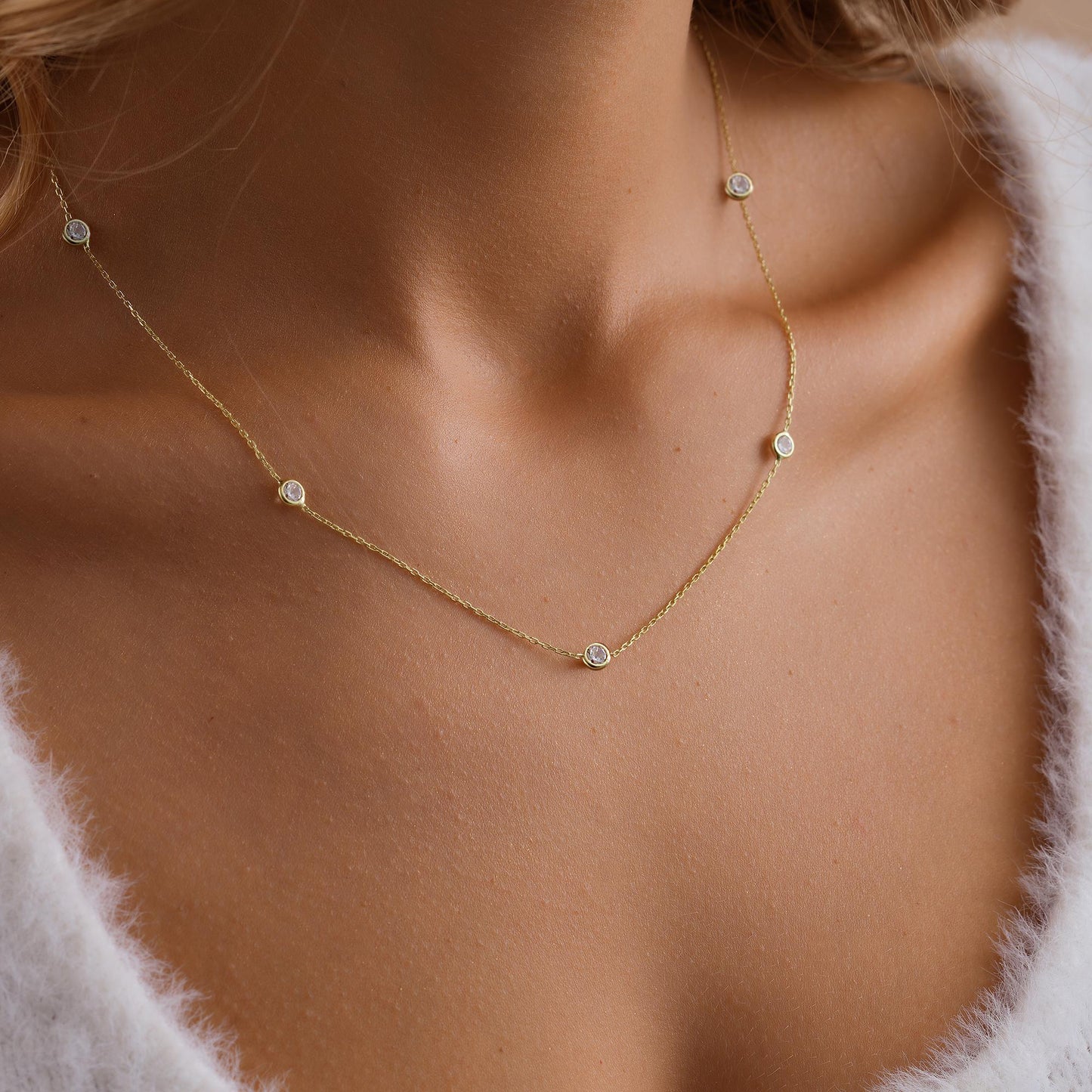 14K Gold Diamond Chain Necklace , Gold Diamond Station Necklace , Dainty Necklace , Gift for Her , Best Gift for Mom , Mothers Day Gift