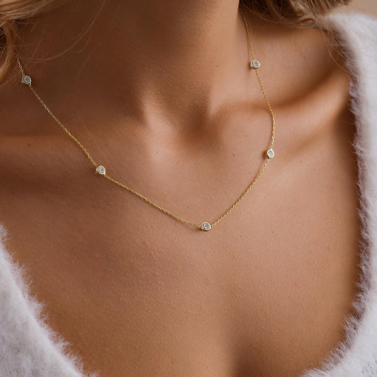 14K Gold Diamond Chain Necklace , Gold Diamond Station Necklace , Dainty Necklace , Gift for Her , Best Gift for Mom , Mothers Day Gift