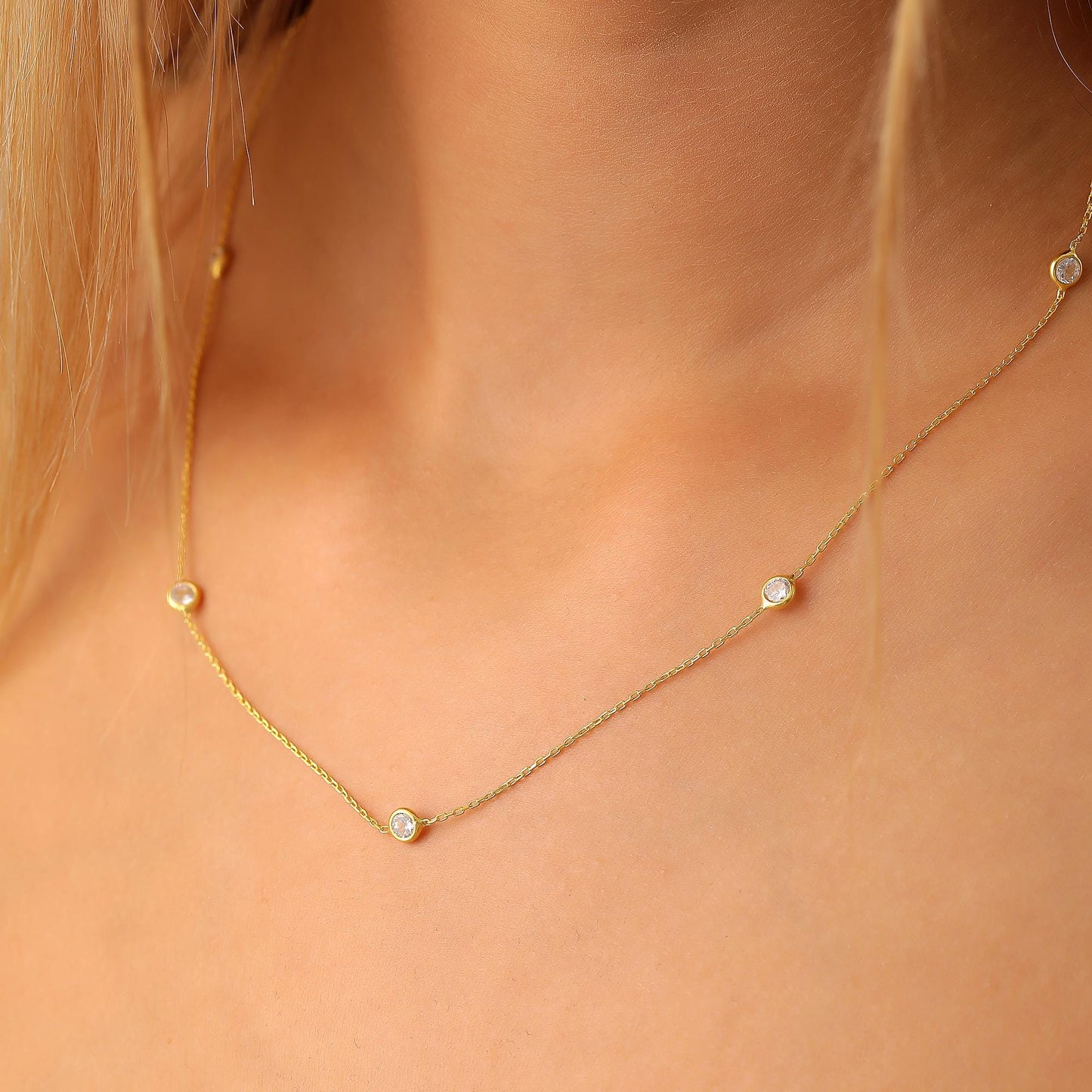 14K Gold Diamond Chain Necklace, Gold Diamond Station Necklace, Dainty Necklace,Gift For Her, Birthday Gift