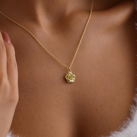 14K Gold Birth Flower Necklace, Dainty Horizontal Flower Necklace, Birth Month Flower, Mothers Necklace, Family Gifts , Mother Day Gift