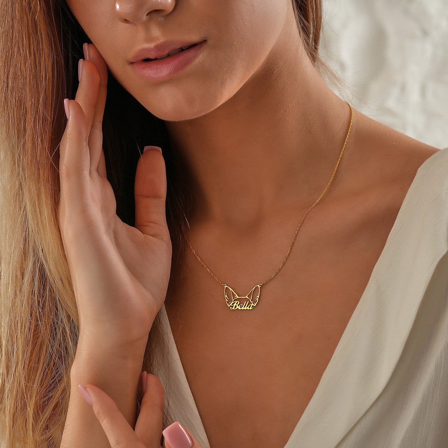 14K Gold Dog Name Necklace,Design Dog Ears Necklace, Christmas Gift,Pet Jewelry,Pet Memorial Gift, Personalized Name Dog Ears,Animal Jewelry