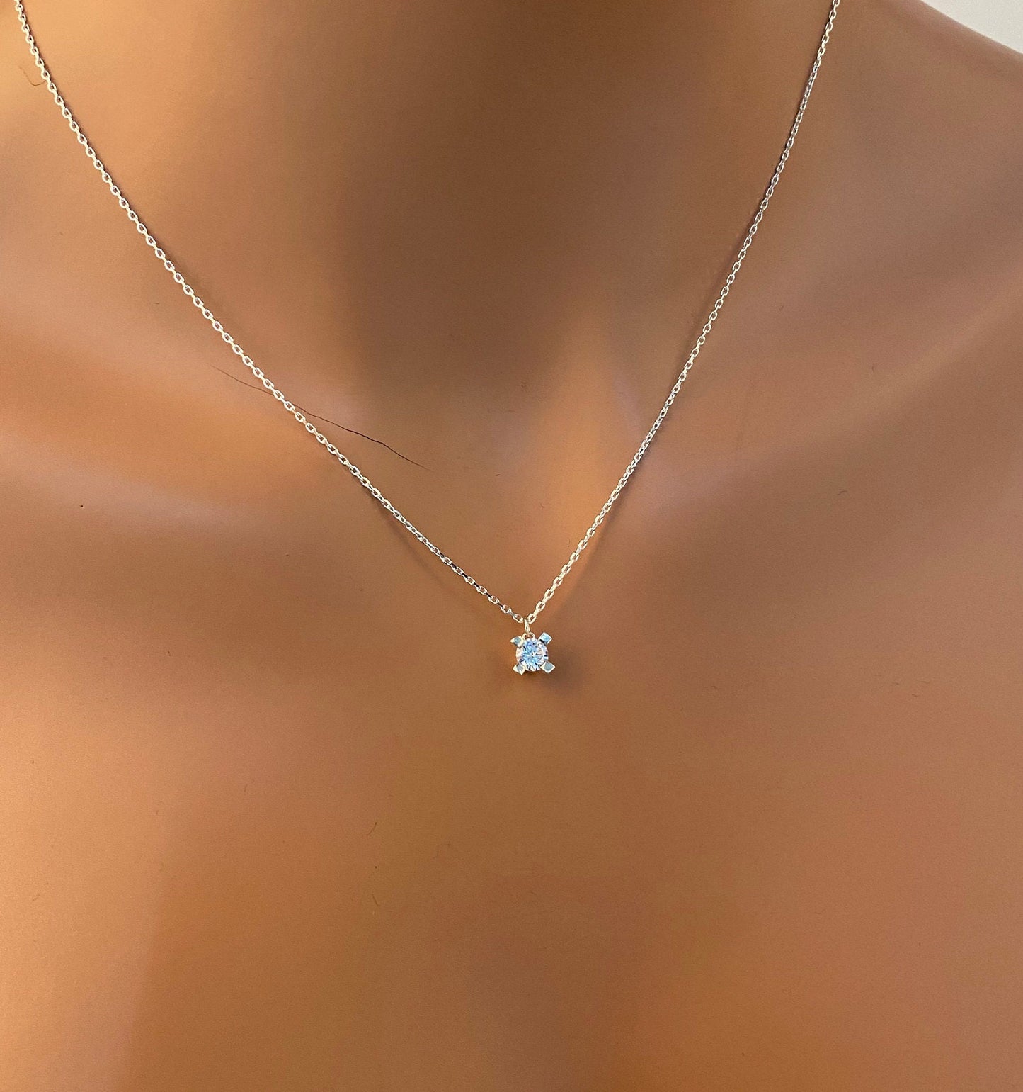 Extra Tiny CZ Necklace in Sterling Silver, Silver or Gold, Diamond Cut CZ Pendant Necklace , Perfect Gift For Her , Stone Necklace