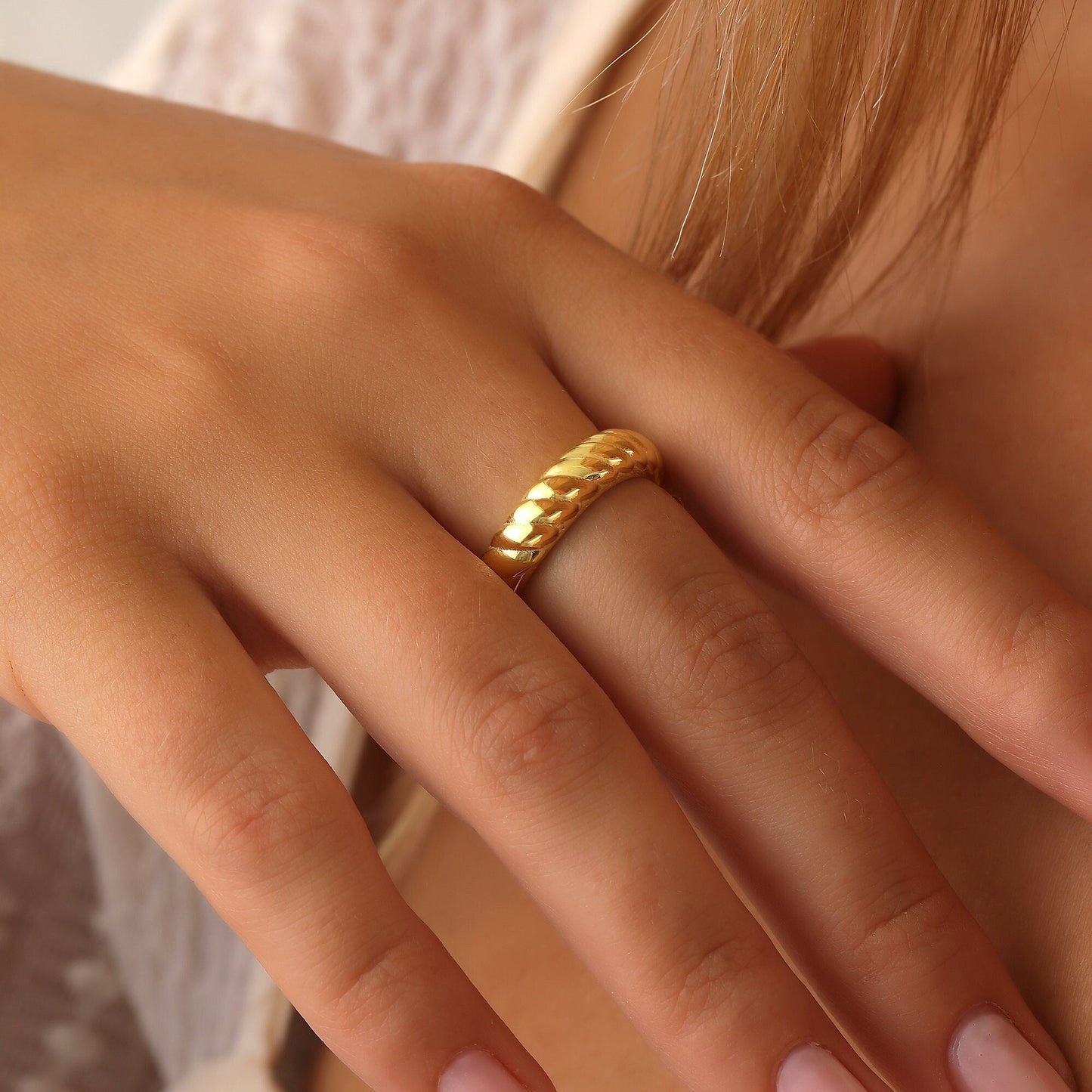 14K Gold Twisted Dome Ring Croissant Ring Chunky Ring Gold Braid Rope Ring Classic Dome Ring for Women Croissant Dome Twist Rope WATERPROOF