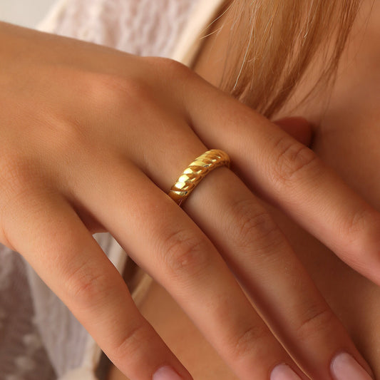 14K Gold Twisted Dome Ring Croissant Ring Chunky Ring Gold Braid Rope Ring Classic Dome Ring for Women Croissant Dome Twist Rope WATERPROOF