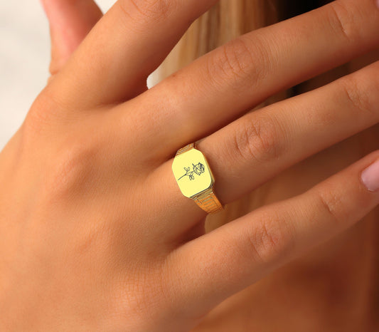 14K Gold Birth Flower Signet Ring, Birth Flower Gift, Birth Month Flower Jewelry, 14k Gold Signet Ring, Gift For Mom, Personalized Gifts