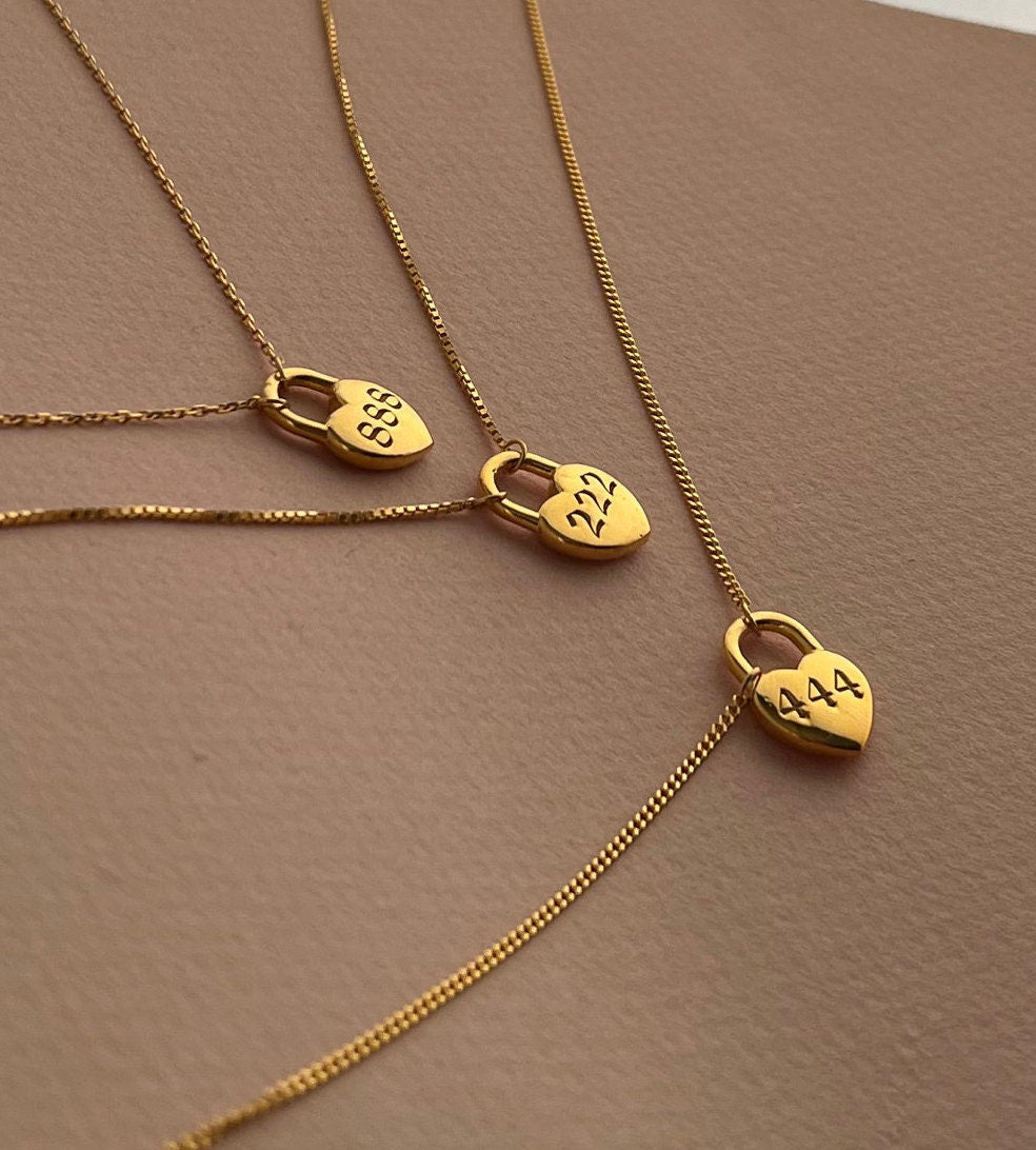 14k Gold Angel number Heart Necklace, Lucky Number Necklace, 925 Silver Number Heart necklace, number heart necklace, heart lock pendant