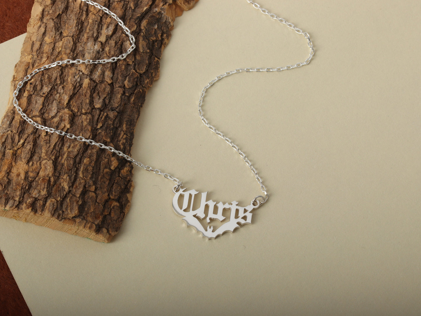 Silver Bat Name Necklace Halloween Gift , Name Pendant With Bat , halloween jewelry