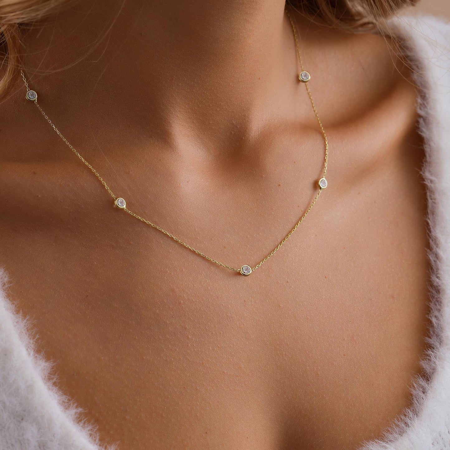14K Gold Diamond Chain Necklace ,Christmas Gift , Perfect Gift For Mom,Diamond Station Necklace , Diamond Necklace , Gift for Her,Gold Chain