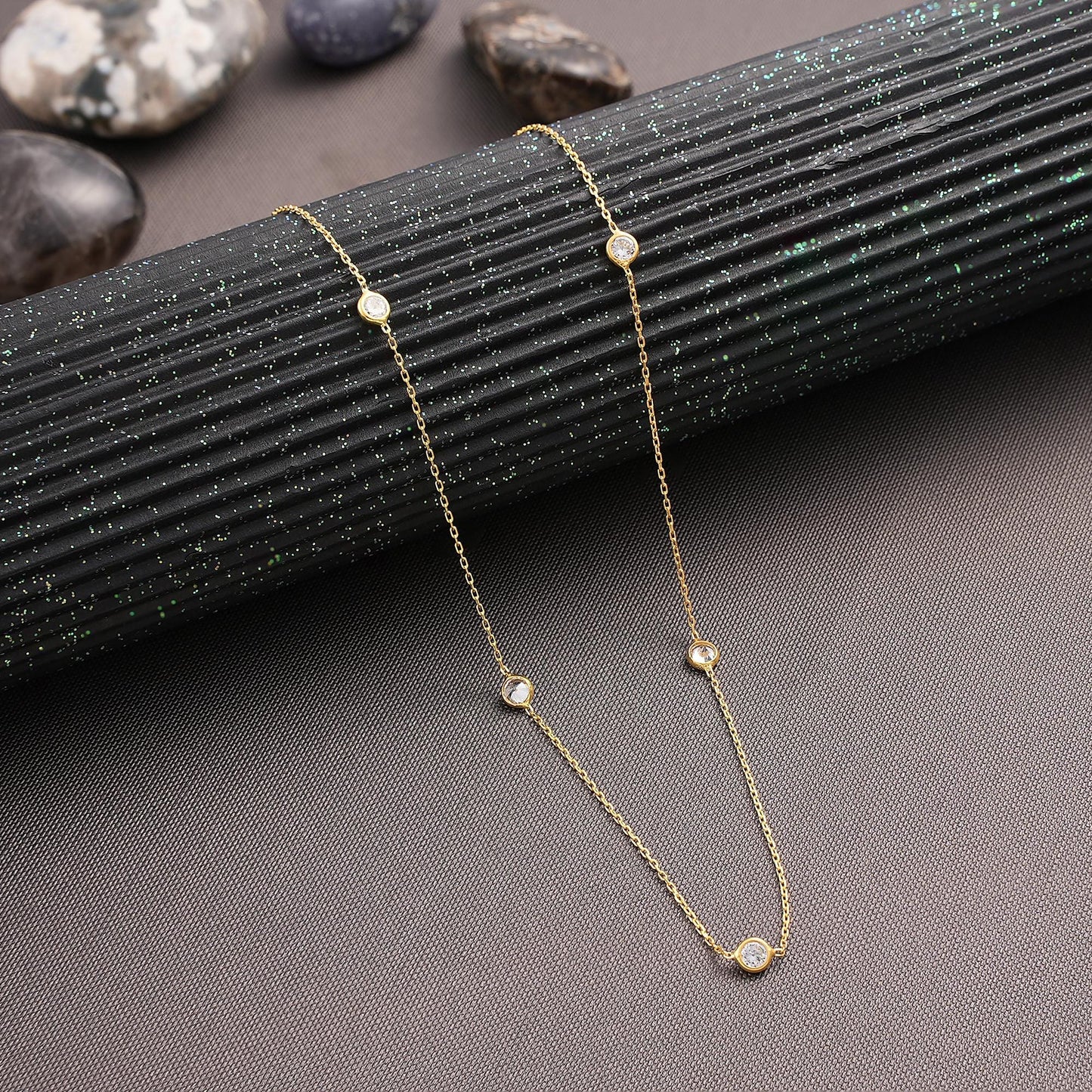 14K Diamond Chain Necklace, Gold Diamond Station Necklace, Dainty Necklace,Gift For Her, Birthday Gift