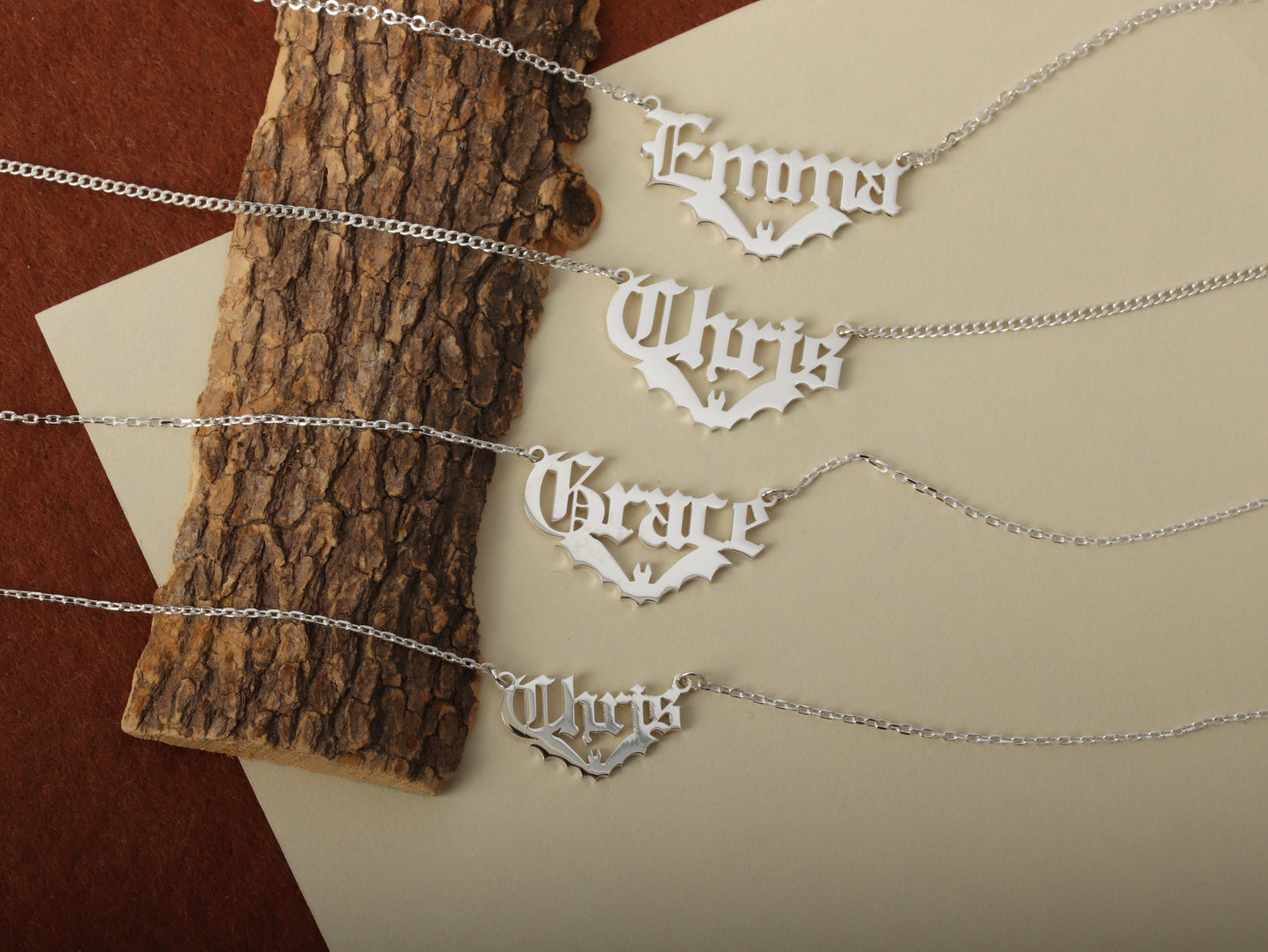 Silver Bat Name Necklace Halloween Gift , Name Pendant With Bat , halloween jewelry