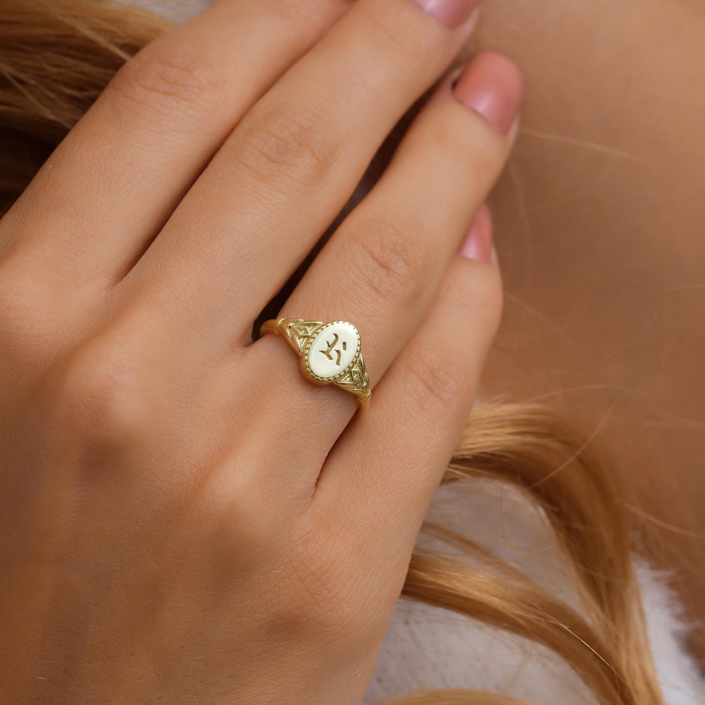 14K Gold Pinky Inital Rings for Women • Personalized 14K Gold, Rose and Sterling Silver Custom Oval Dainty Ring • Perfect Gifts for Her