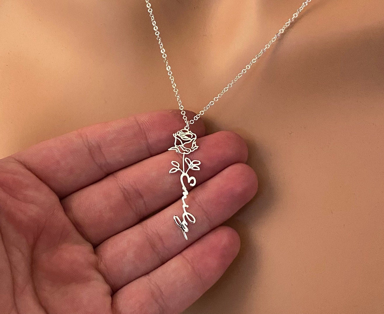 Name Necklace with Birth Flower, 18K Gold, Rose, 925K sterling Silver, Personalized Gift, Mother Gift, Gold Name Necklace, Gift for Her, HER
