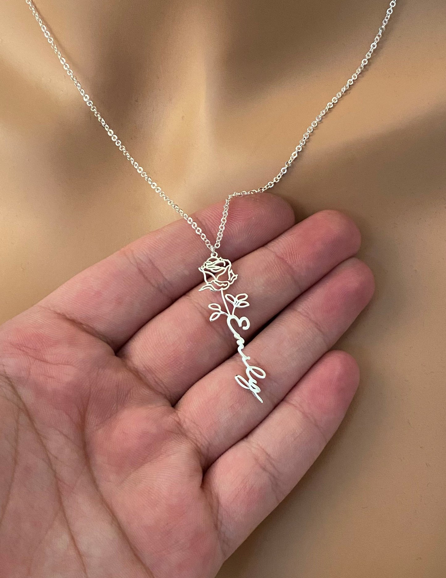 Name Necklace with Birth Flower, 18K Gold, Rose, 925K sterling Silver, Personalized Gift, Mother Gift, Gold Name Necklace, Gift for Her, HER