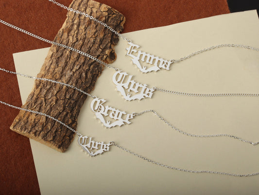 Silver Bat Name Necklace Halloween Gift , Name Pendant With Bat , halloween jewelry